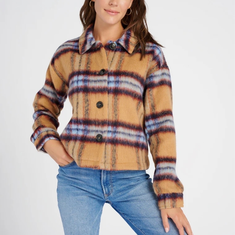 Mystree Plaid Button-Front Faux-Fur Jacket in Camel, Blue & Burgundy